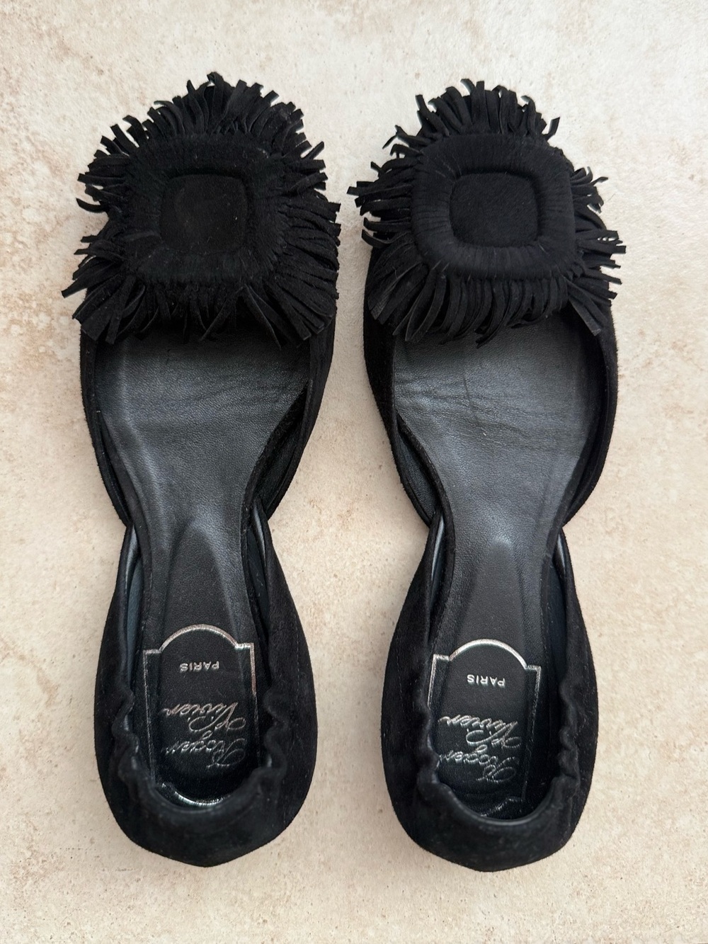 Roger Vivier Black Suede Fringe Slip-On Flats